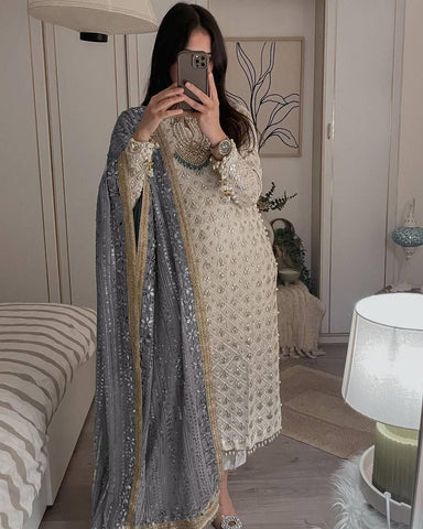 Pretty Sequence Work White Color Suit With Grey Dupatta