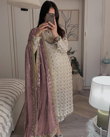 Pretty Sequence Work White Color Suit With Brown Dupatta
