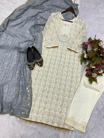 Pretty Sequence Work White Color Suit With Grey Dupatta