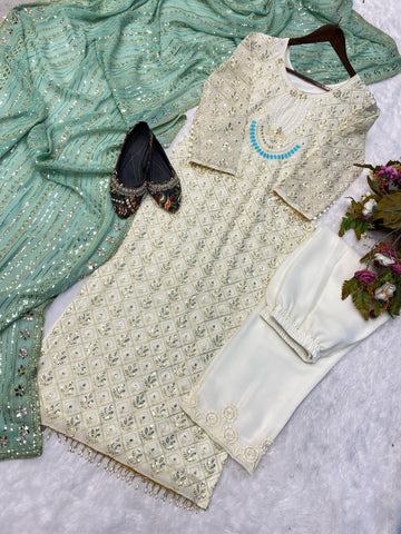Pretty Sequence Work White Color Suit With Pista Green Dupatta