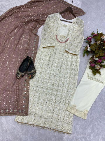 Pretty Sequence Work White Color Suit With Brown Dupatta
