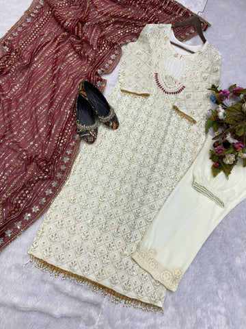 Pretty Sequence Work White Color Suit With Maroon Dupatta