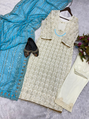 Pretty Sequence Work White Color Suit With Sky Blue Dupatta
