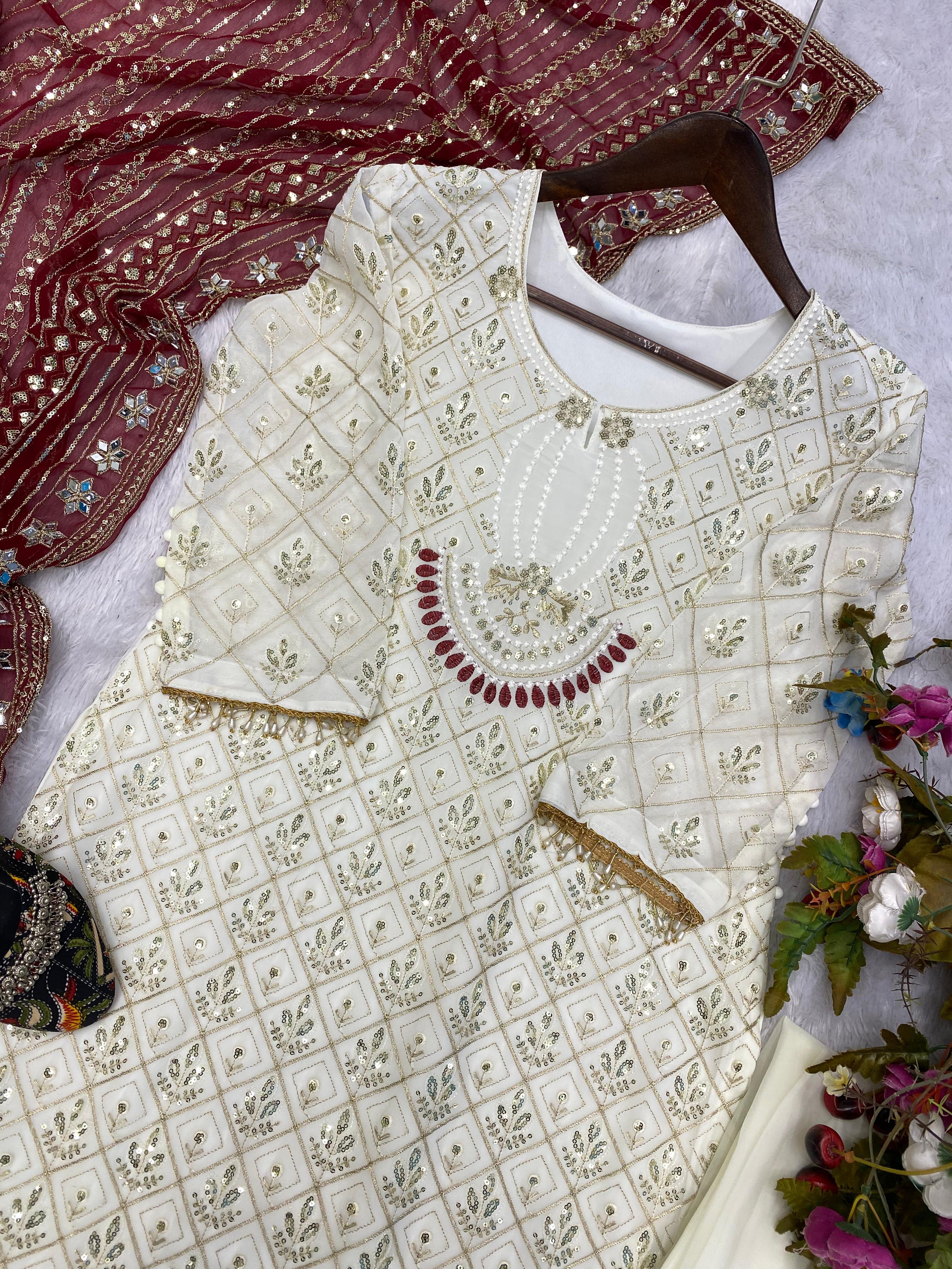 Pretty Sequence Work White Color Suit With Maroon Dupatta