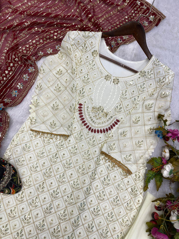 Pretty Sequence Work White Color Suit With Maroon Dupatta