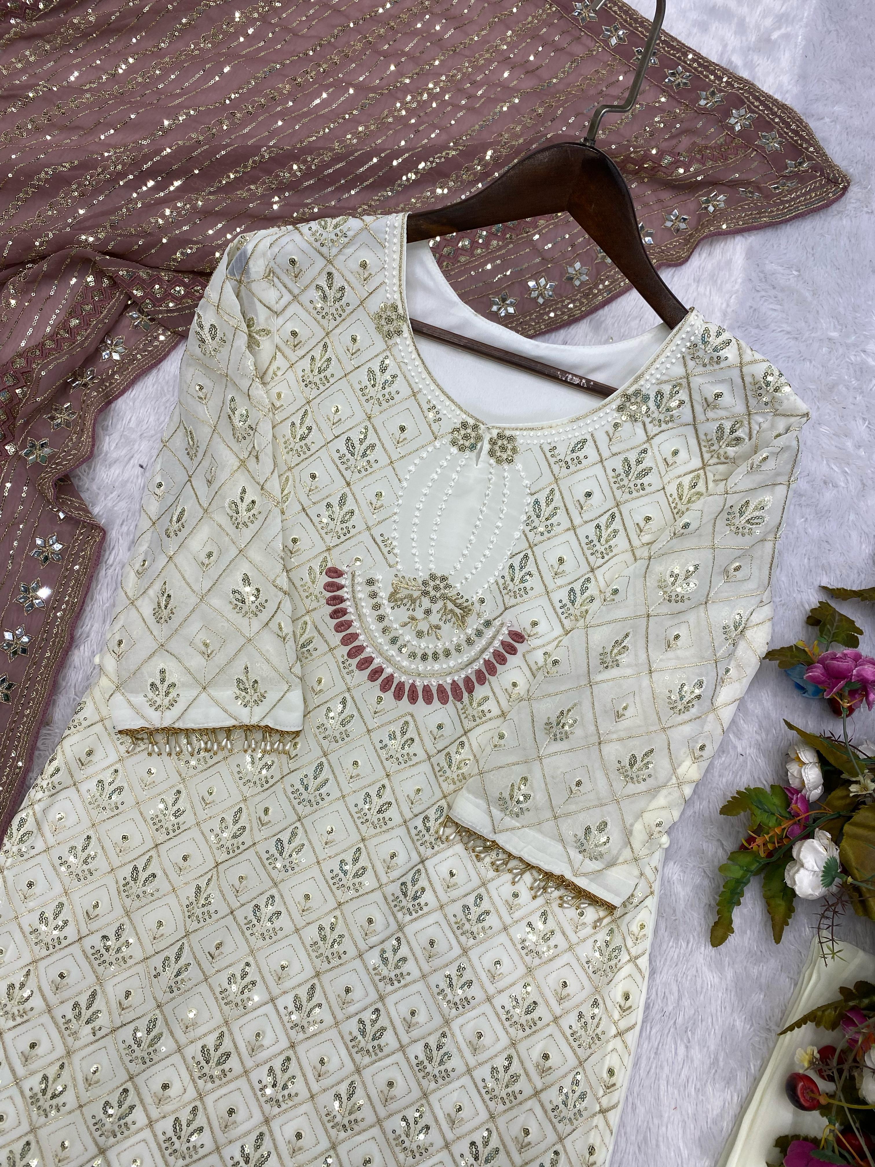 Pretty Sequence Work White Color Suit With Brown Dupatta