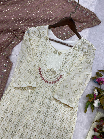 Pretty Sequence Work White Color Suit With Brown Dupatta