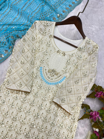 Pretty Sequence Work White Color Suit With Sky Blue Dupatta