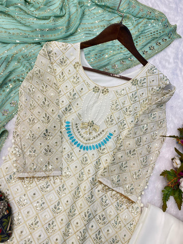 Pretty Sequence Work White Color Suit With Pista Green Dupatta