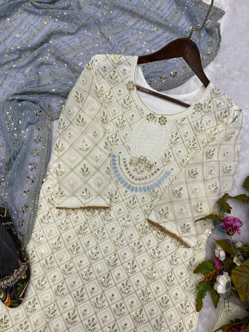 Pretty Sequence Work White Color Suit With Grey Dupatta