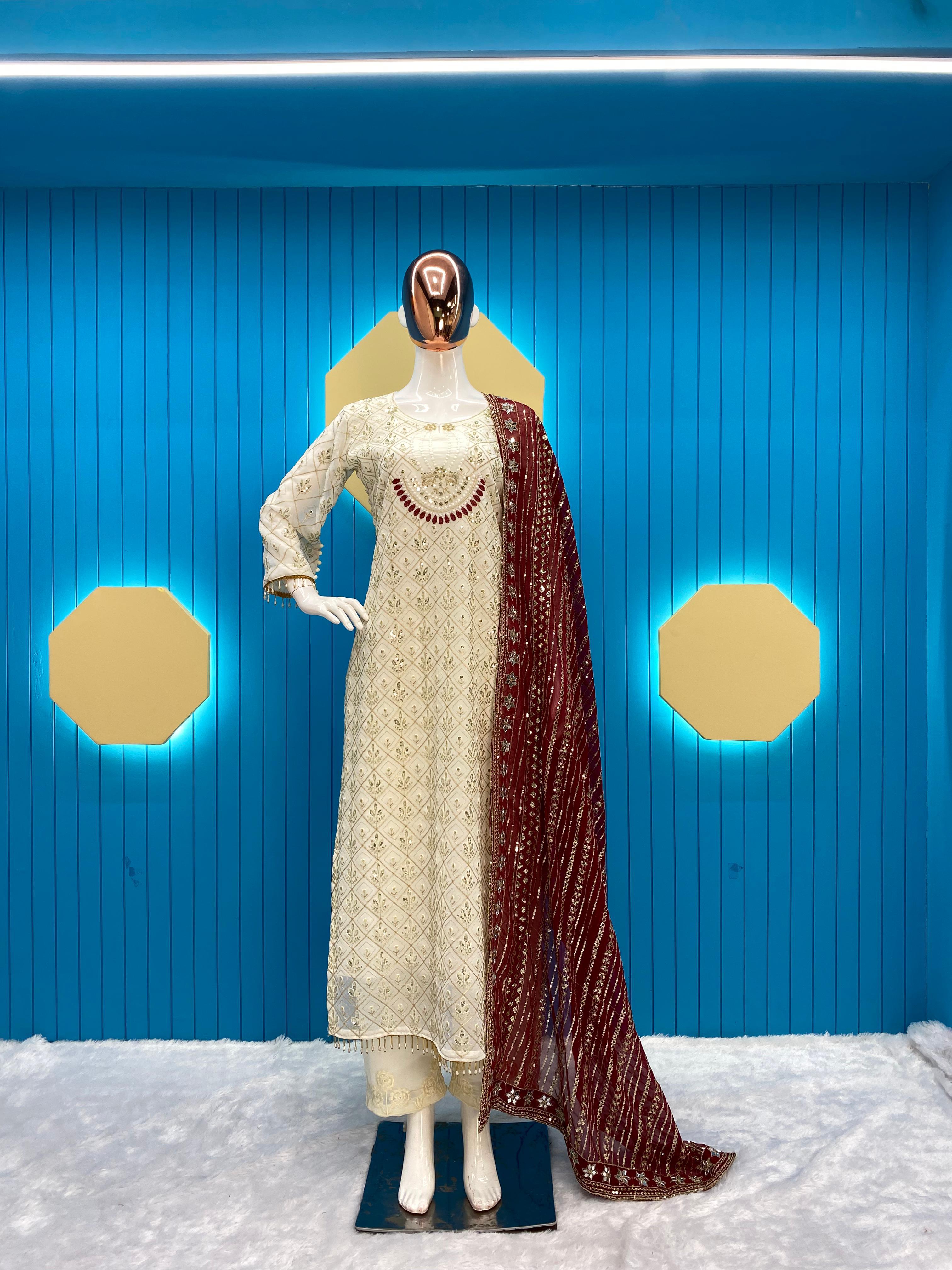 Pretty Sequence Work White Color Suit With Maroon Dupatta