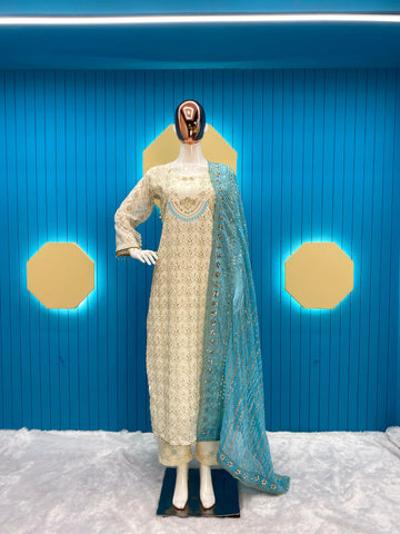 Pretty Sequence Work White Color Suit With Sky Blue Dupatta
