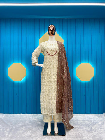 Pretty Sequence Work White Color Suit With Brown Dupatta