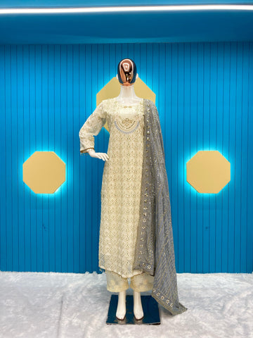 Pretty Sequence Work White Color Suit With Grey Dupatta