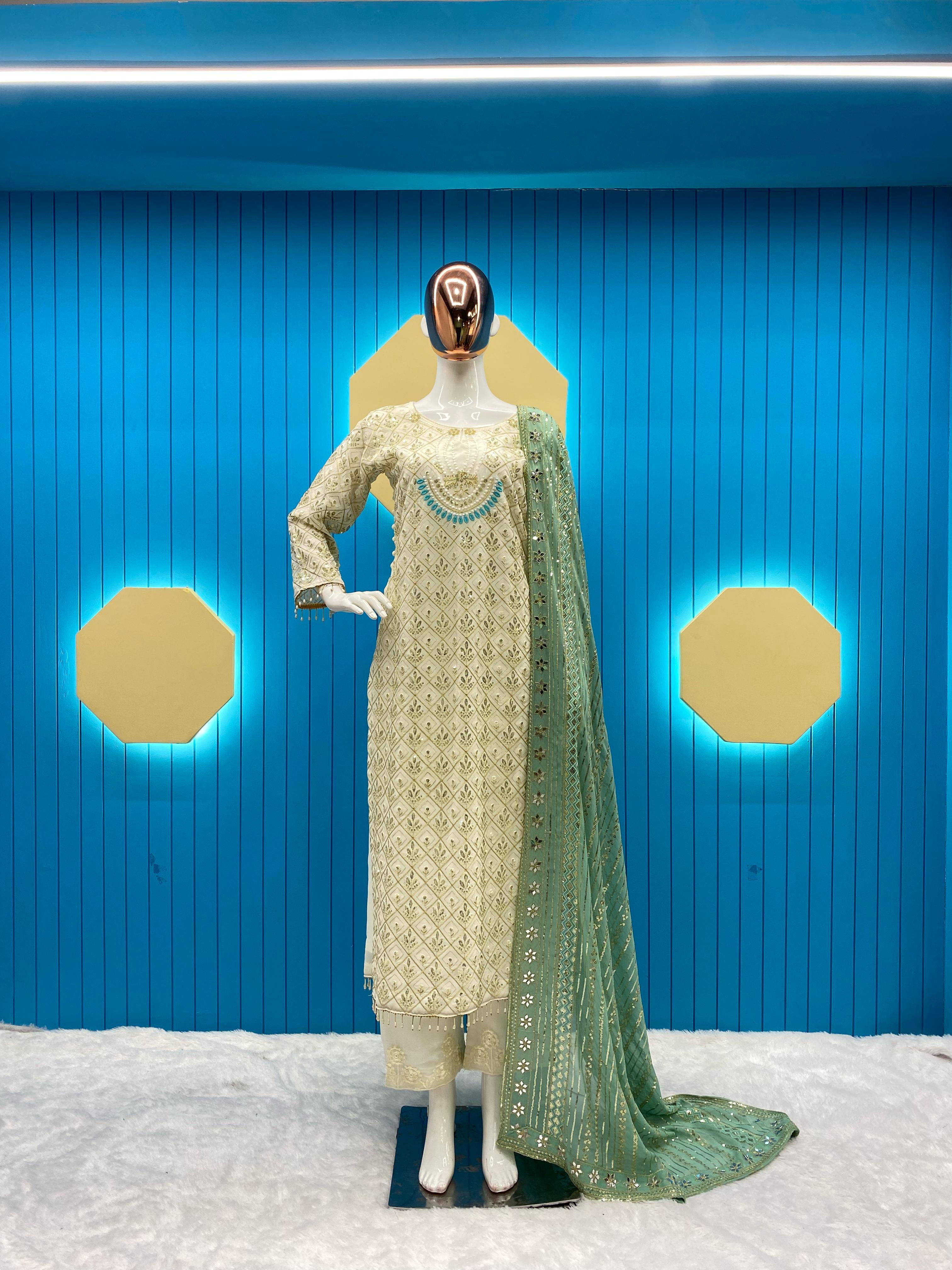 Pretty Sequence Work White Color Suit With Pista Green Dupatta