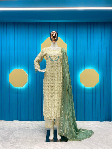 Pretty Sequence Work White Color Suit With Pista Green Dupatta