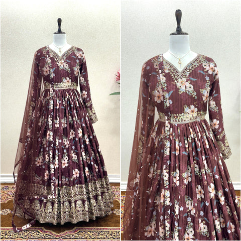 Plated Brown Color Digital Print With Work Anarkali Gown