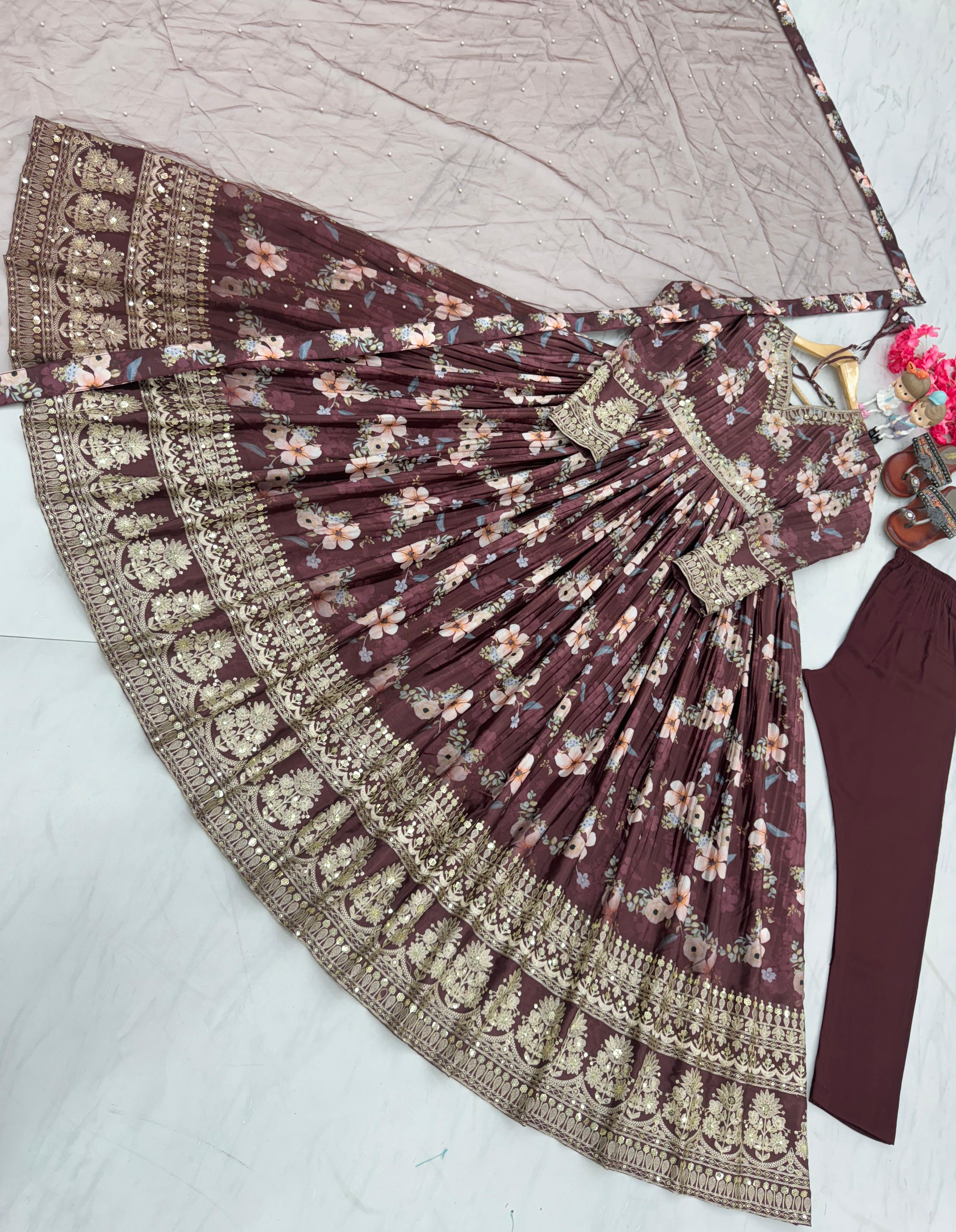 Plated Brown Color Digital Print With Work Anarkali Gown