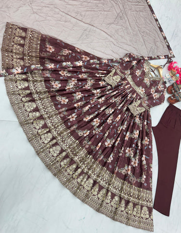 Plated Brown Color Digital Print With Work Anarkali Gown