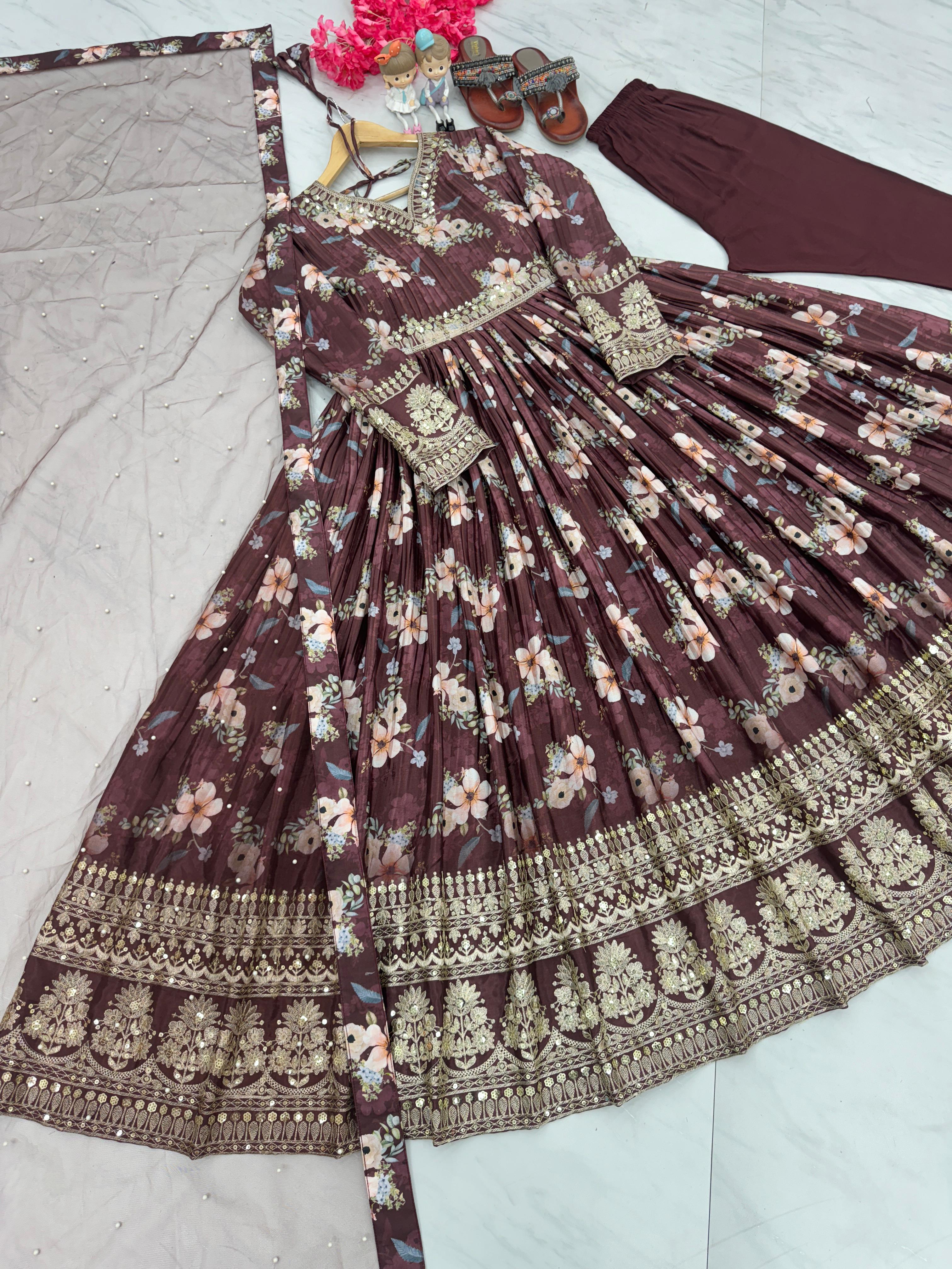 Plated Brown Color Digital Print With Work Anarkali Gown