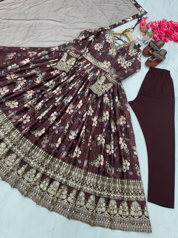 Plated Brown Color Digital Print With Work Anarkali Gown