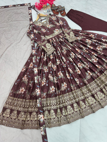 Plated Brown Color Digital Print With Work Anarkali Gown