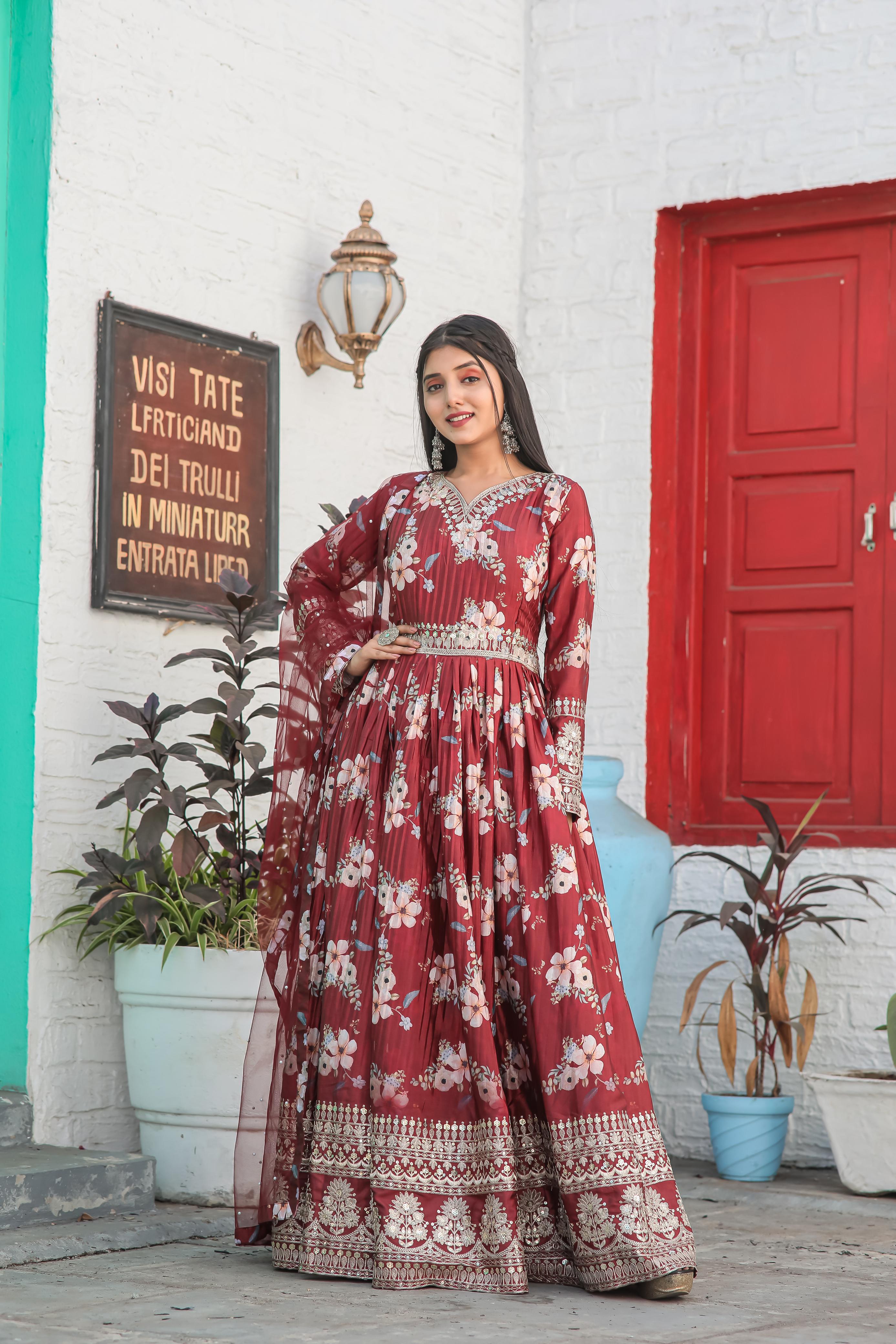 Plated Maroon Color Digital Print With Work Anarkali Gown