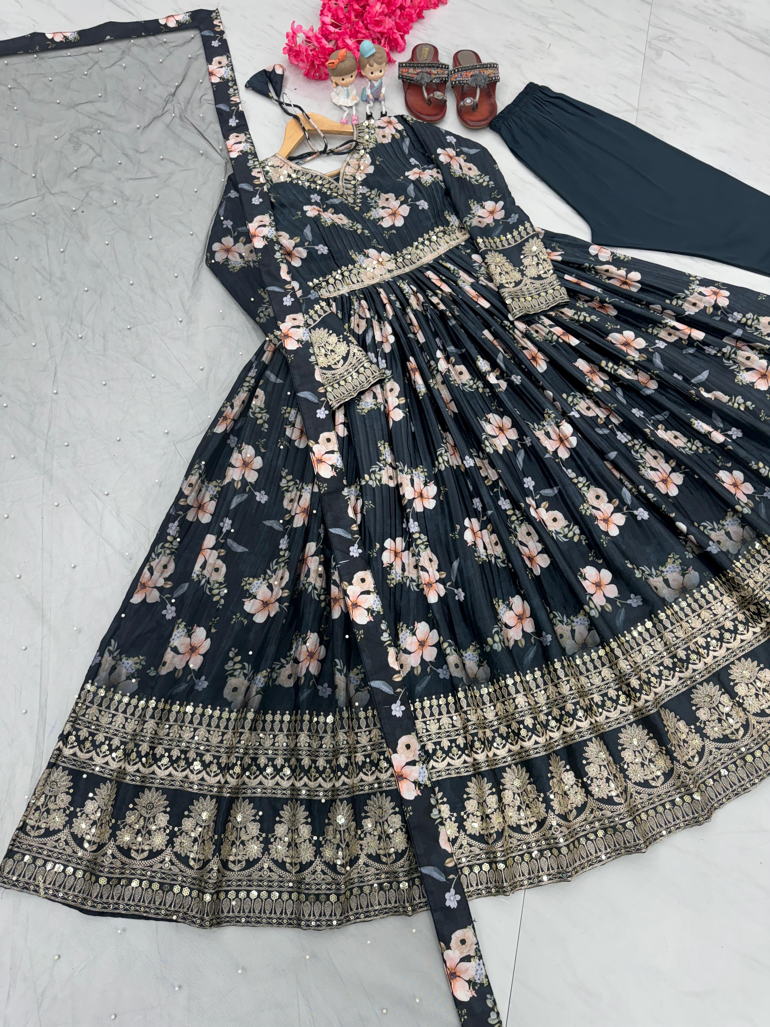 Plated Gray Color Digital Print With Work Anarkali Gown