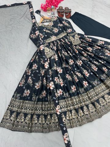 Plated Gray Color Digital Print With Work Anarkali Gown