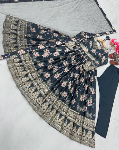 Plated Gray Color Digital Print With Work Anarkali Gown