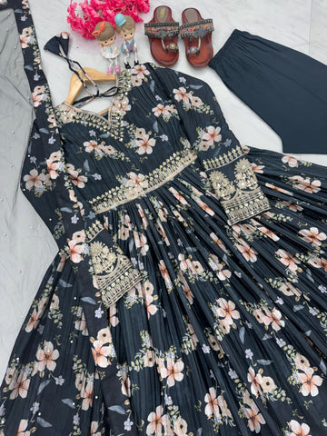 Plated Gray Color Digital Print With Work Anarkali Gown