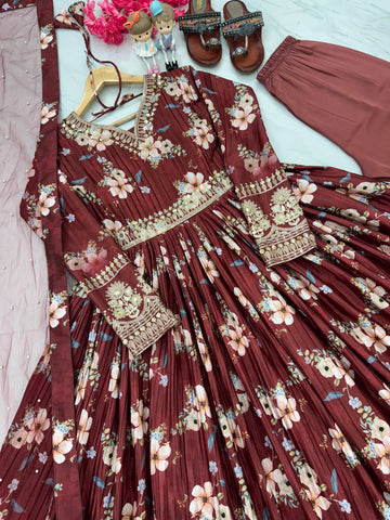 Plated Maroon Color Digital Print With Work Anarkali Gown