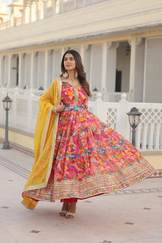 Fabulous Pink Color Multi Digital Printed Anarkali Gown