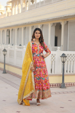 Fabulous Pink Color Multi Digital Printed Anarkali Gown