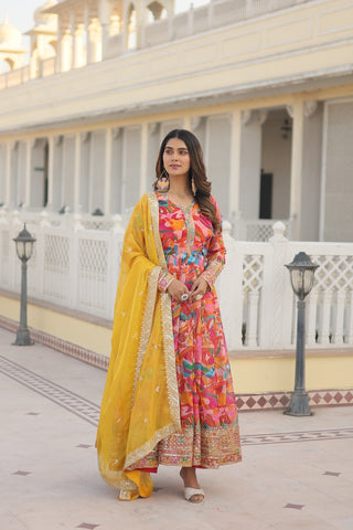 Fabulous Pink Color Multi Digital Printed Anarkali Gown
