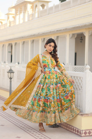 Fabulous Yellow Color Multi Digital Printed Anarkali Gown