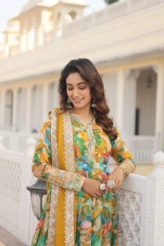 Fabulous Yellow Color Multi Digital Printed Anarkali Gown