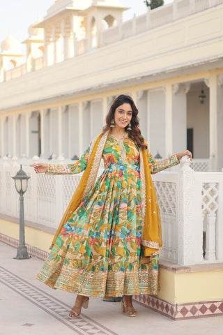 Fabulous Yellow Color Multi Digital Printed Anarkali Gown