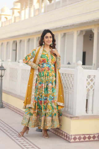 Fabulous Yellow Color Multi Digital Printed Anarkali Gown
