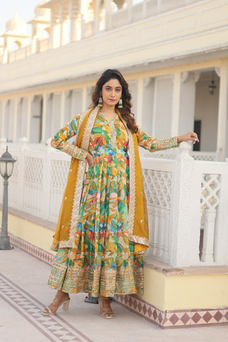 Fabulous Yellow Color Multi Digital Printed Anarkali Gown