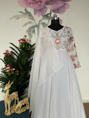 Pretty Sequence Thread Work White Color Anarkali Gown