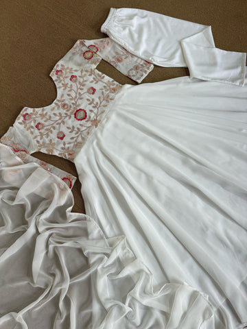 Pretty Sequence Thread Work White Color Anarkali Gown