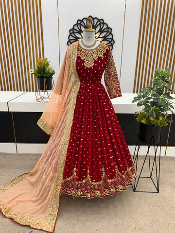 Glorious Maroon Sequence Embroidery Work Gown