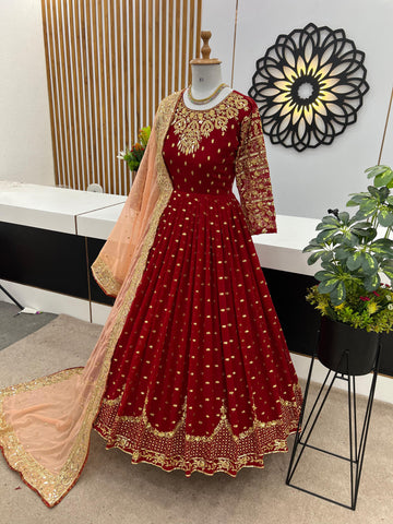 Glorious Maroon Sequence Embroidery Work Gown
