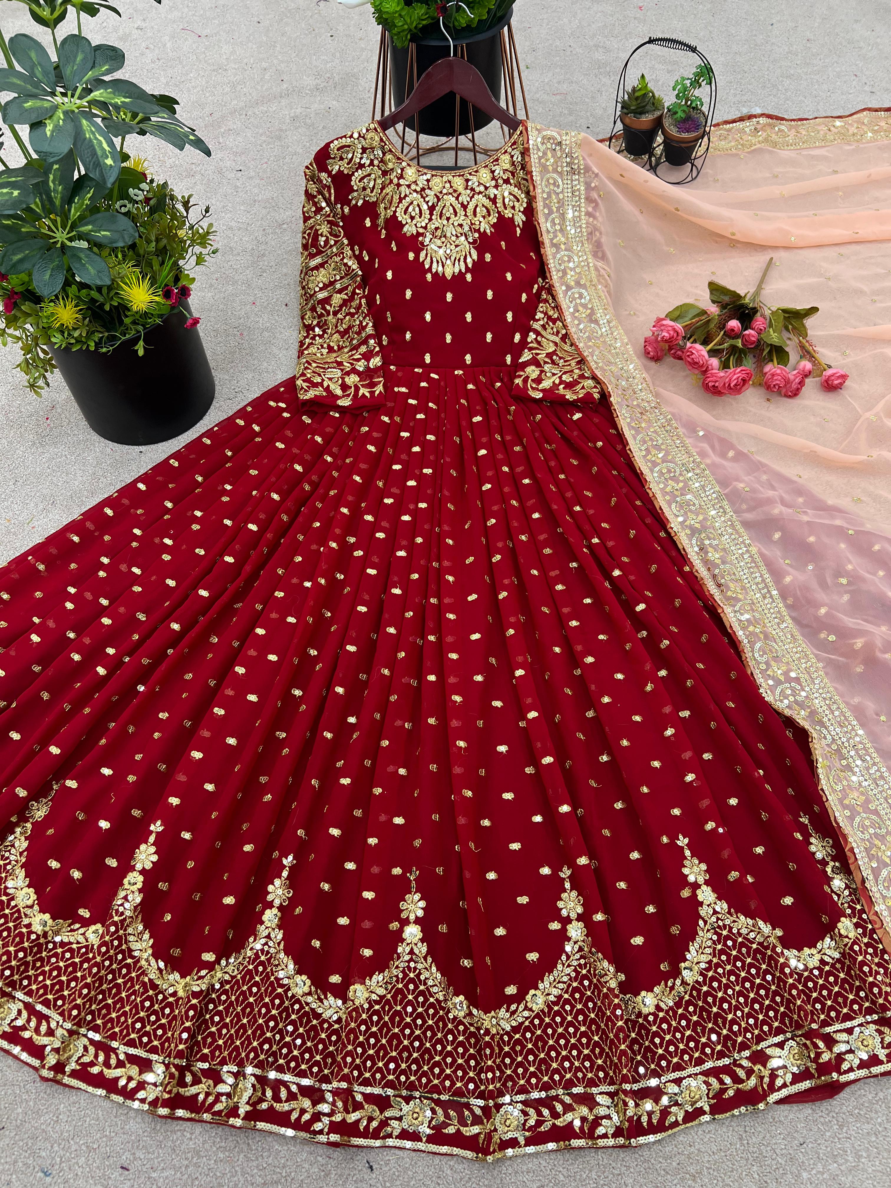 Glorious Maroon Sequence Embroidery Work Gown