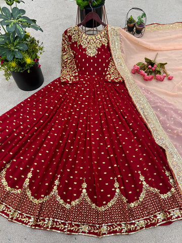 Glorious Maroon Sequence Embroidery Work Gown