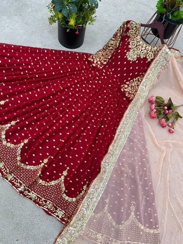 Glorious Maroon Sequence Embroidery Work Gown