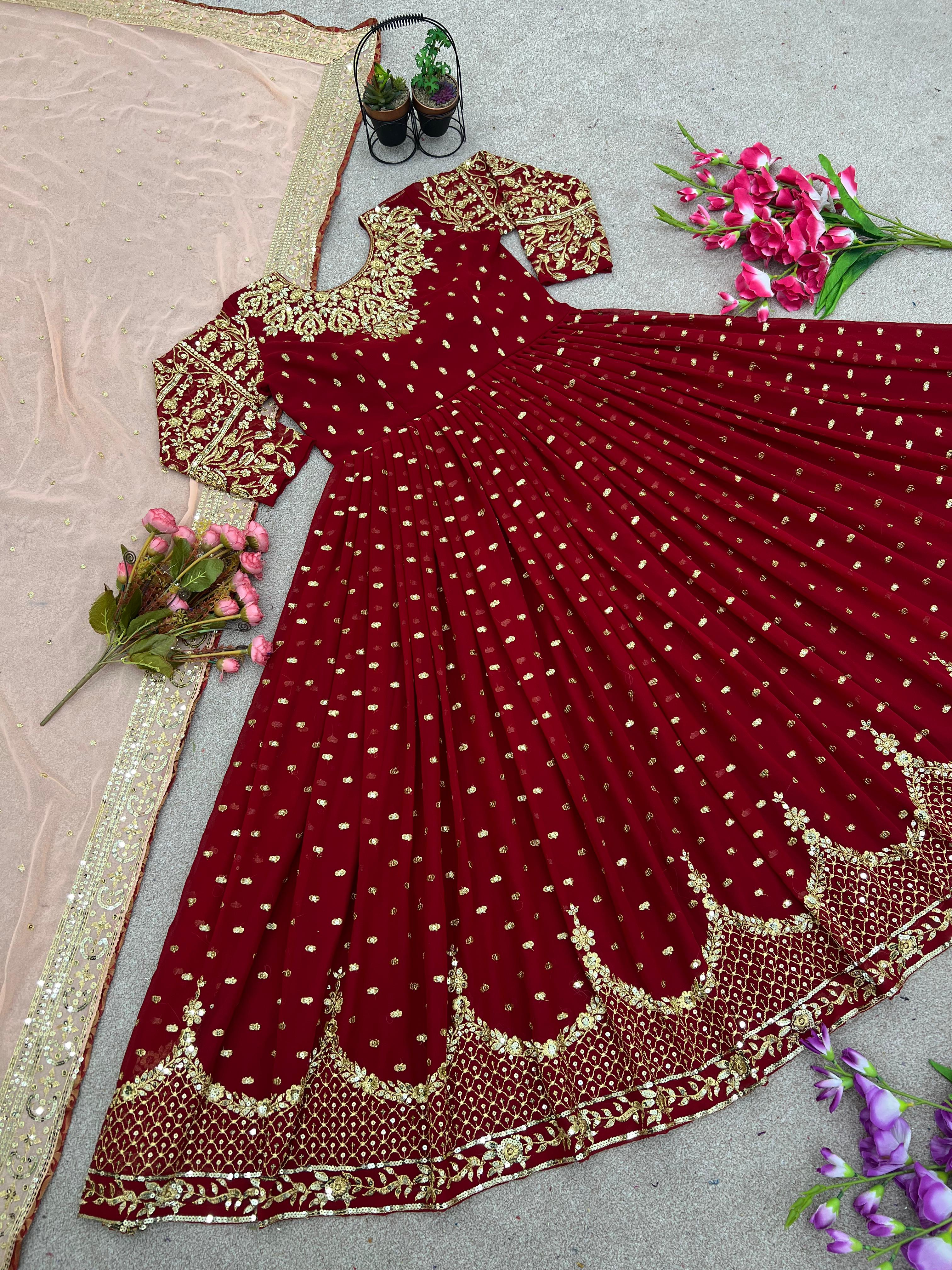 Glorious Maroon Sequence Embroidery Work Gown