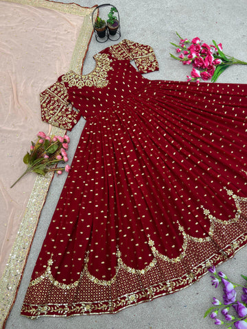 Glorious Maroon Sequence Embroidery Work Gown