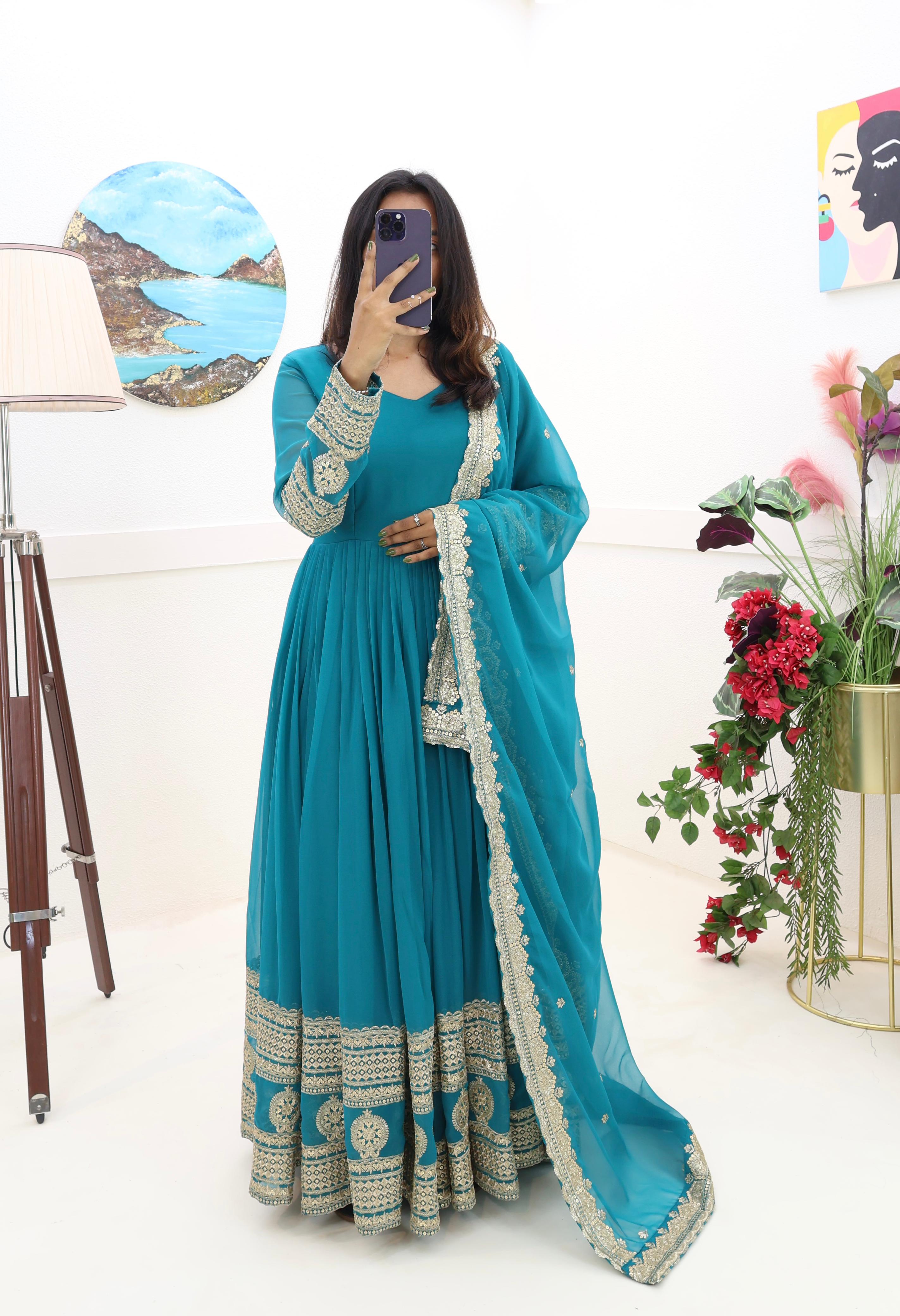 Teal Blue Function Wear Embroidery Work Long Gown